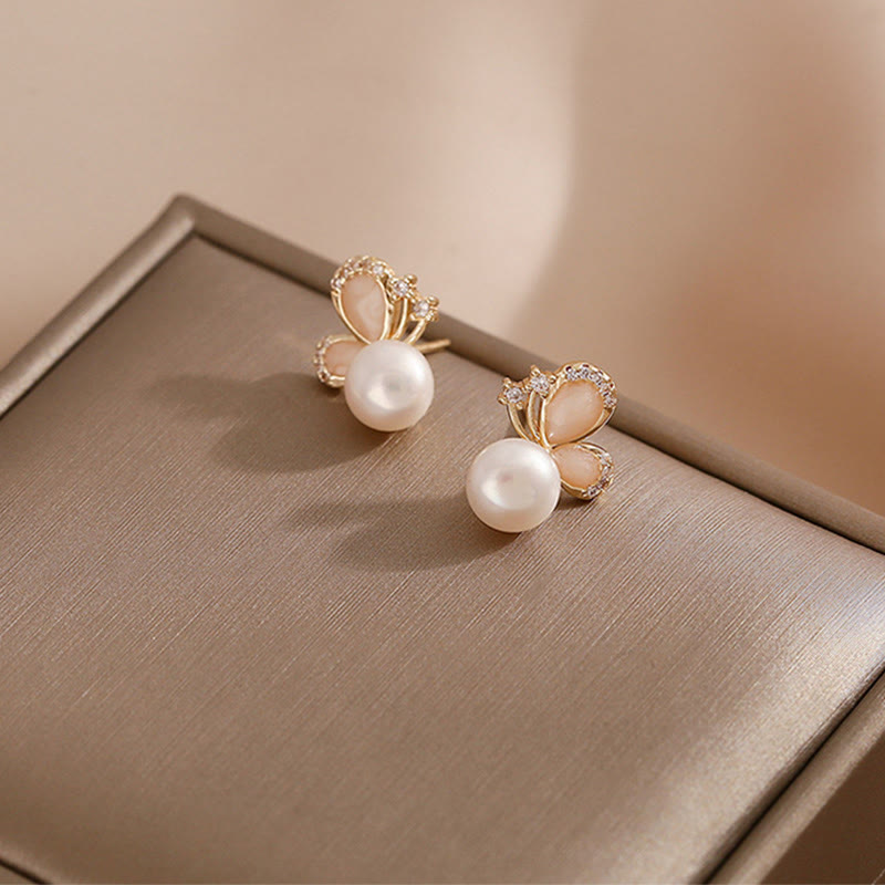 Buddha Stones 18k Gold Plated Pearl Butterfly Love Freedom Stud Earrings