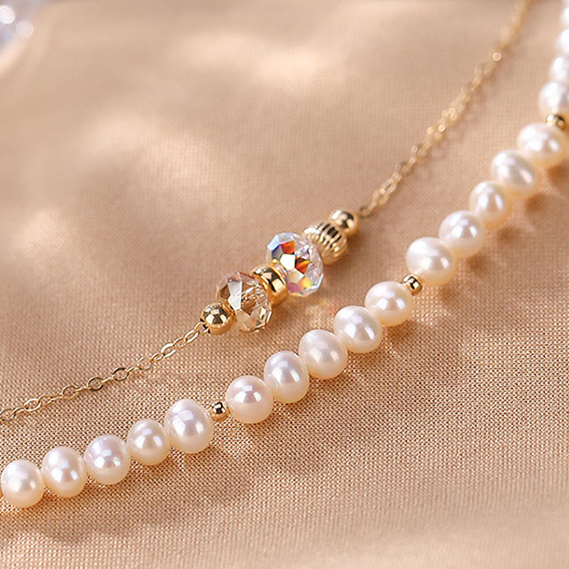 Buddha Stones 925 Sterling Silver Plated 14k Gold Natural Pearl Crystal Healing Double Layer Bracelet