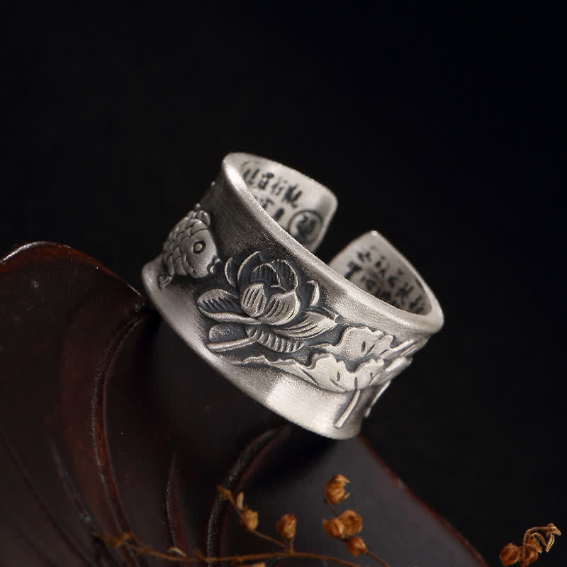 Buddha Stones 999 Sterling Silver Luck Koi Fish Lotus Heart Sutra Wealth Ring