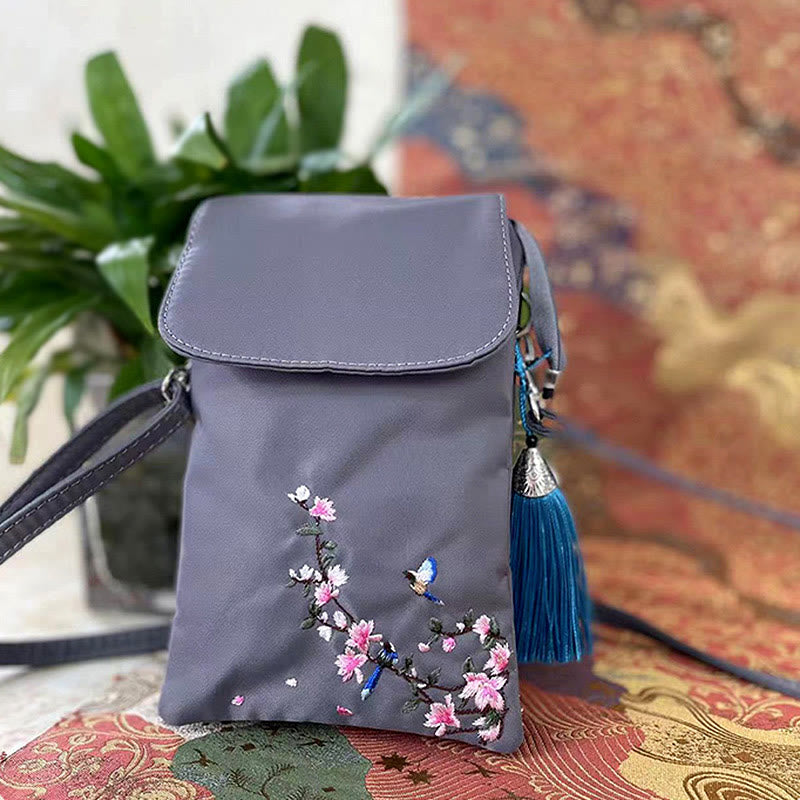 Buddha Stones Waterproof Handmade Embroidered Lotus Flowers Crossbody Bag Shoulder Bag Cellphone Bag