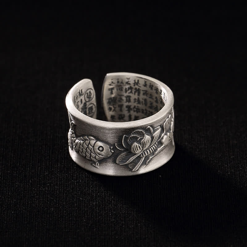 Buddha Stones 999 Sterling Silver Luck Koi Fish Lotus Heart Sutra Wealth Ring