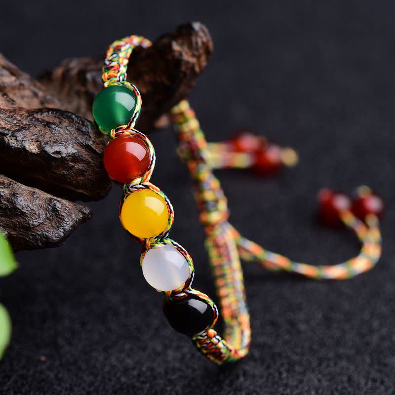 Buddha Stones Colorful Agate Metal Wood Water Fire Earth Five Elements String Bracelet