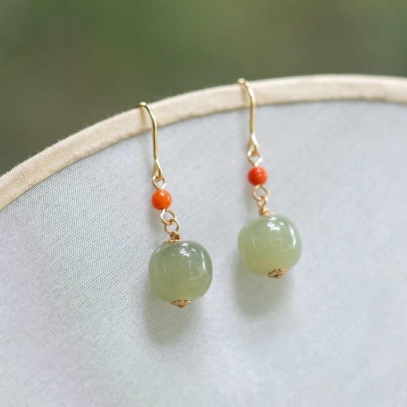 Buddha Stones 925 Sterling Silver Plated 14k Gold Hetian Jade Red Agate Luck Drop Dangle Earrings