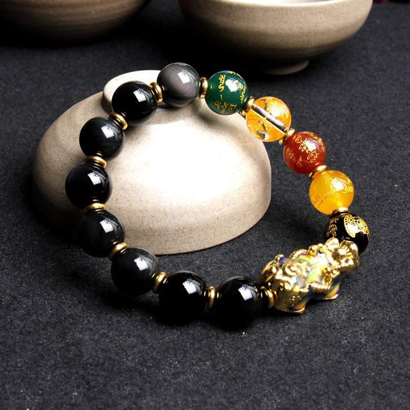 Buddha Stones Color-Changing Pixiu Obsidian Wealth Bracelet