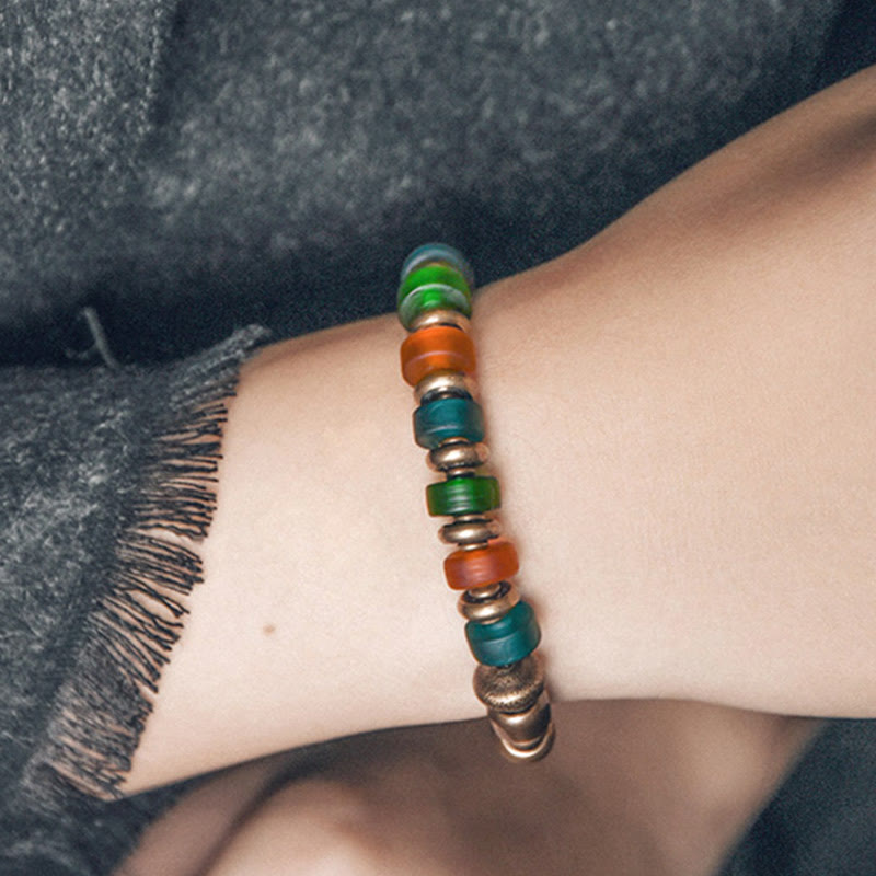 Buddha Stones Tibetan Colorful Glass Beads Copper Wealth Bracelet