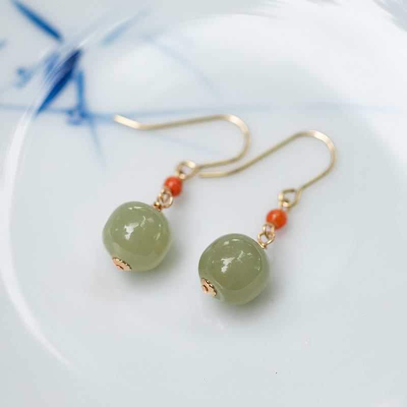 Buddha Stones 925 Sterling Silver Plated 14k Gold Hetian Jade Red Agate Luck Drop Dangle Earrings