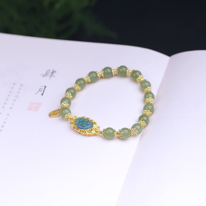 Buddha Stones 925 Sterling Silver Plated 14K Gold Hetian Jade Lotus Luck Bracelet