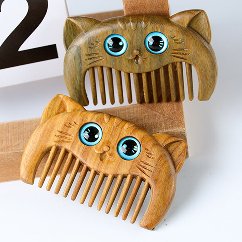 Buddha Stones Simple Cat Pattern Green Sandalwood Cure Portable Comb