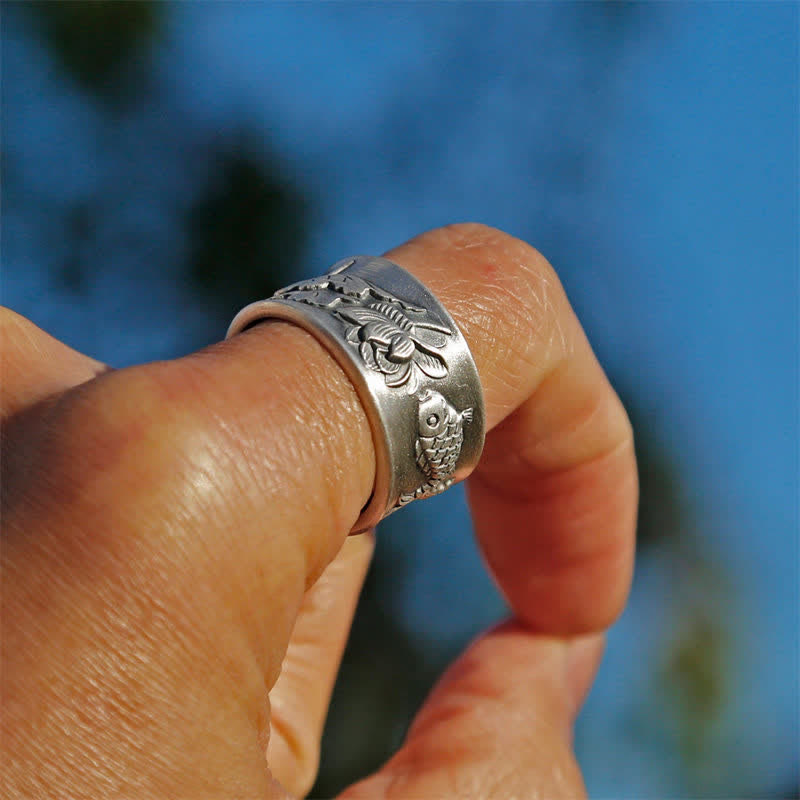 Buddha Stones 999 Sterling Silver Luck Koi Fish Lotus Heart Sutra Wealth Ring