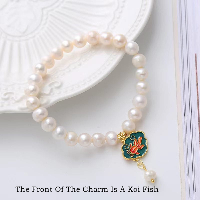 Buddha Stones Natural Pearl Lotus Koi Fish Goldfish Optimism Charm Bracelet