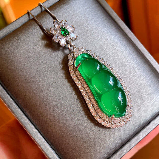 Buddha Stones Fortune Bean Cyan Jade Luck Necklace Pendant