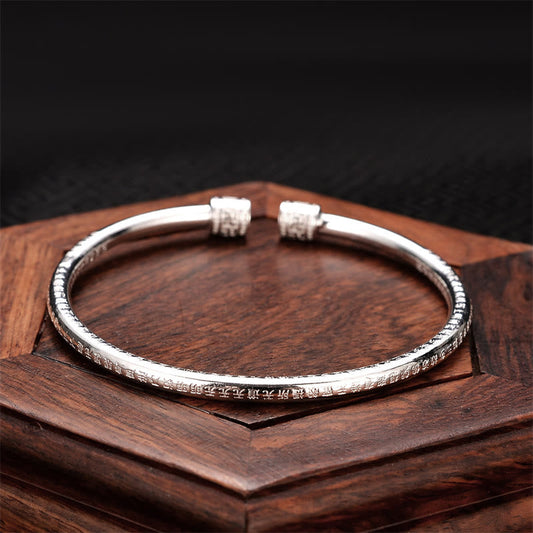 Buddha Stones Heart Sutra Engraved Swastika Pattern Luck White Copper Bracelet Bangle