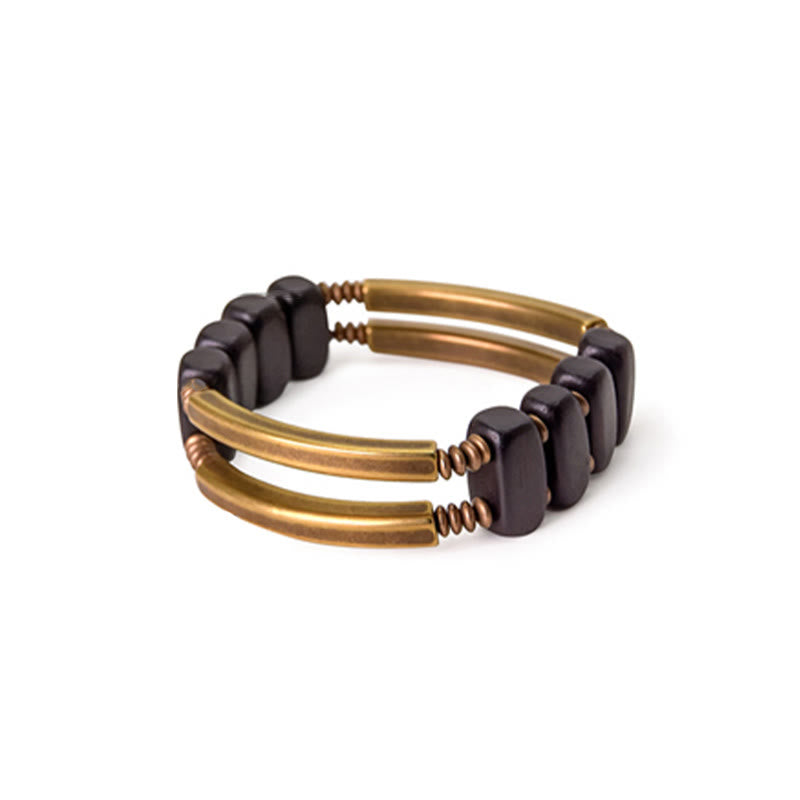 Buddha Stones Tibetan Ebony Wood Brass Copper Balance Double Layer Bracelet