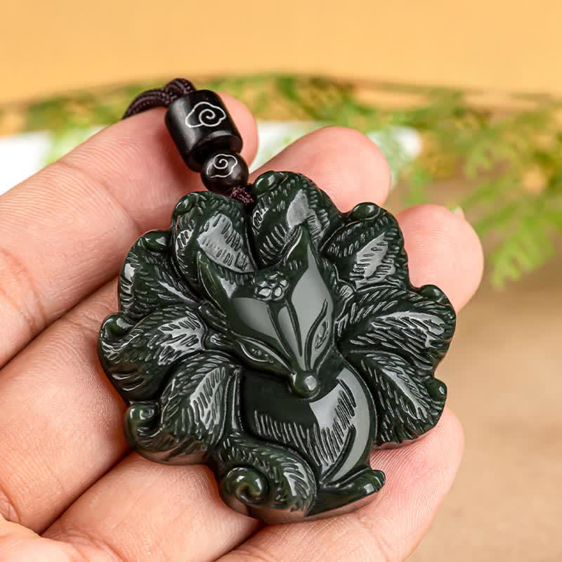 Buddha Stones Hetian Cyan Jade Nine Tailed Fox Luck Necklace String Pendant