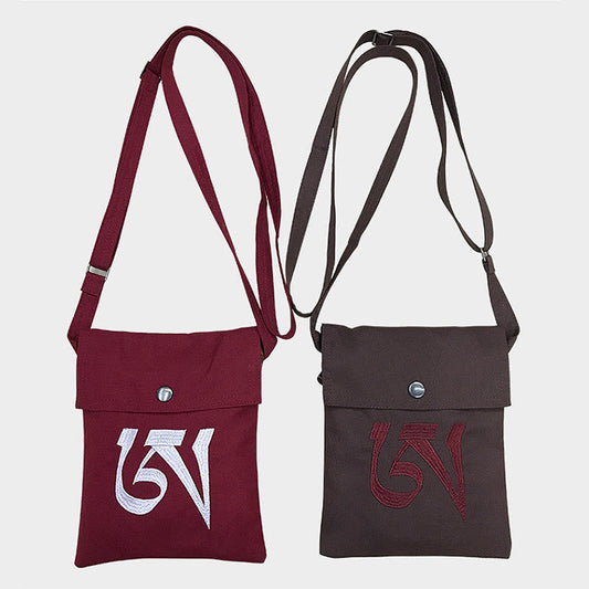 Buddha Stones Handmade OM Mantra Embroidered Spiritual Mind Practice Cotton Crossbody Bag Shoulder Bag Cellphone Bag