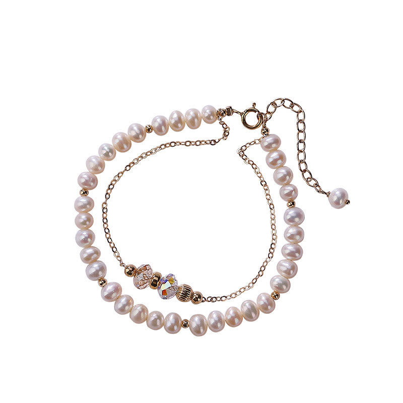 Buddha Stones 925 Sterling Silver Plated 14k Gold Natural Pearl Crystal Healing Double Layer Bracelet