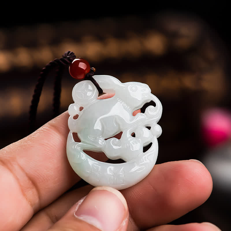Buddha Stones Year of the Rabbit White Jade Crescent Moon Protection Necklace Pendant