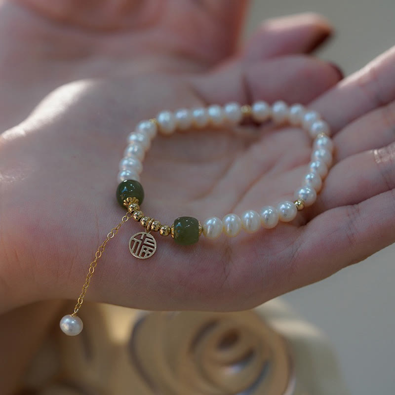 Buddha Stones Natural Pearl Hetian Jade Happiness Wisdom Bead Bracelet