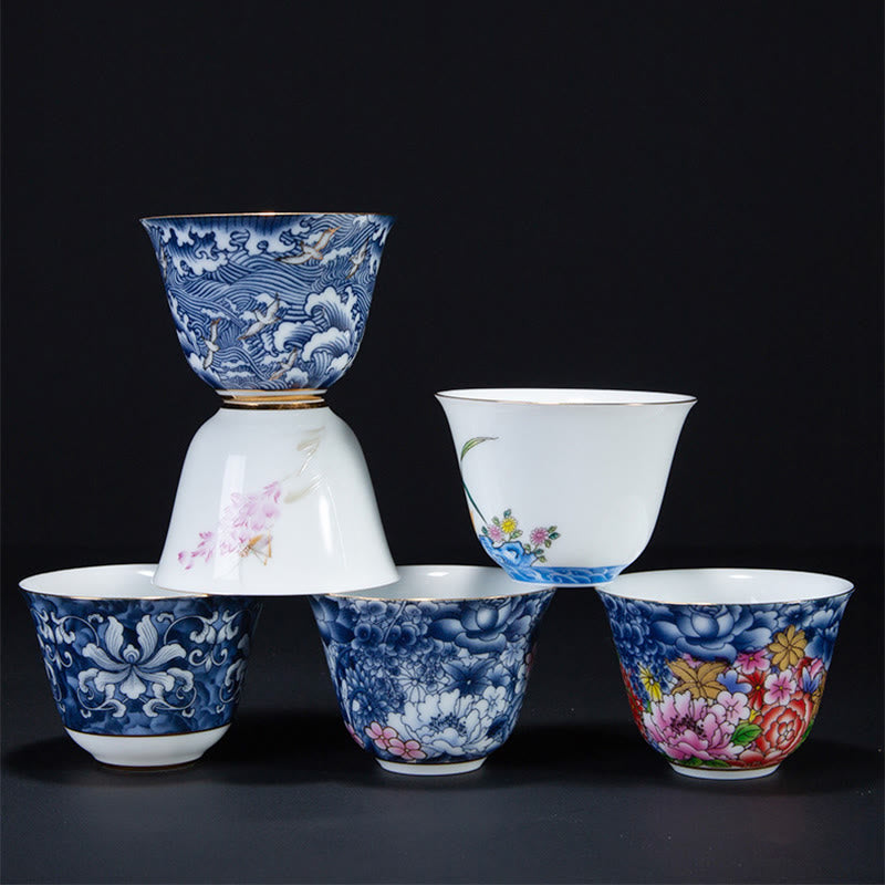 Buddha Stones Colorful Flowers Orchid Sea Waves Blue and White Porcelain Ceramic Teacup Kung Fu Tea Cup