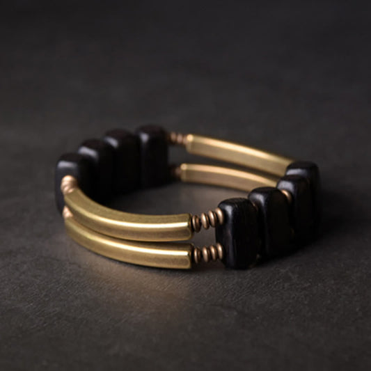 Buddha Stones Tibetan Ebony Wood Brass Copper Balance Double Layer Bracelet