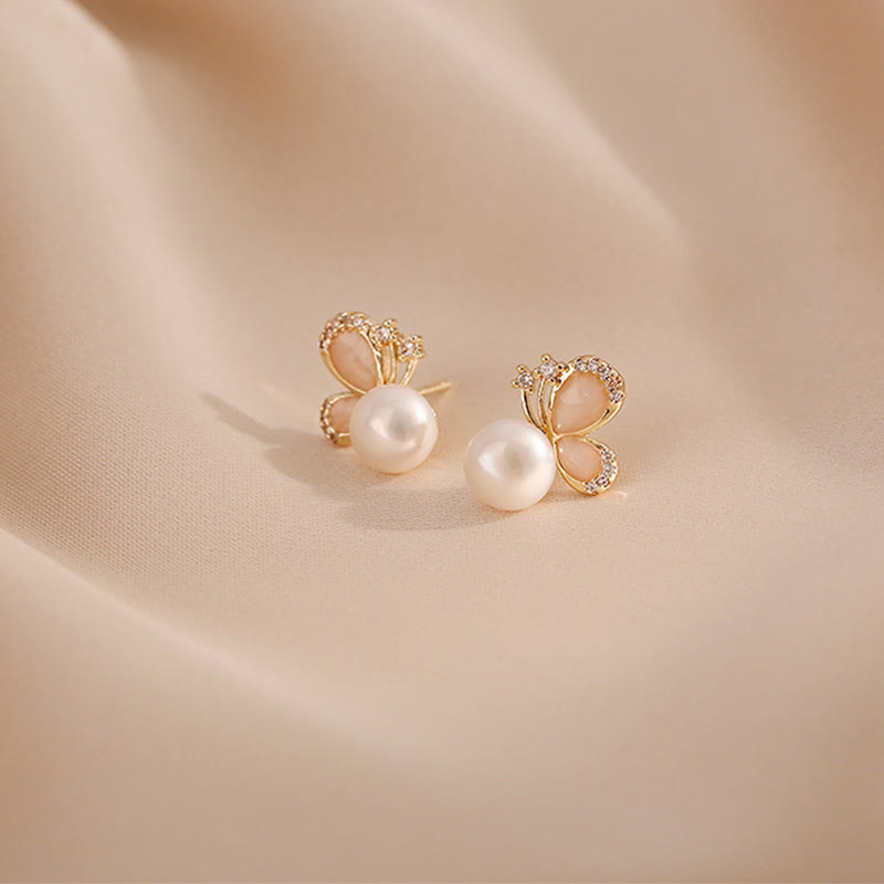 Buddha Stones 18k Gold Plated Pearl Butterfly Love Freedom Stud Earrings