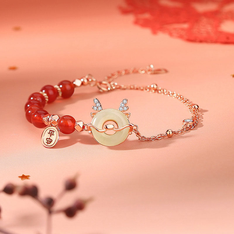 Buddha Stones 925 Sterling Silver Year of the Dragon Natural Red Agate Hetian Jade Peace Buckle Luck Success Bracelet (Extra 30% Off | USE CODE: FS30)