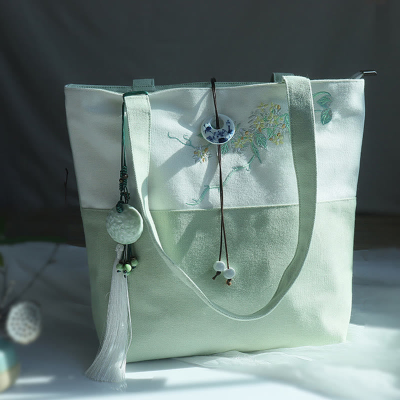 Buddha Stones Pear Flower Plum Peach Blossom Bamboo Embroidery Canvas Large Capacity Shoulder Bag Tote Bag