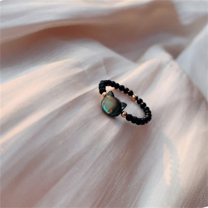 Buddha Stones Natural Tridacna Stone Lovely Cat 14K Gold Plated Blessing Ring