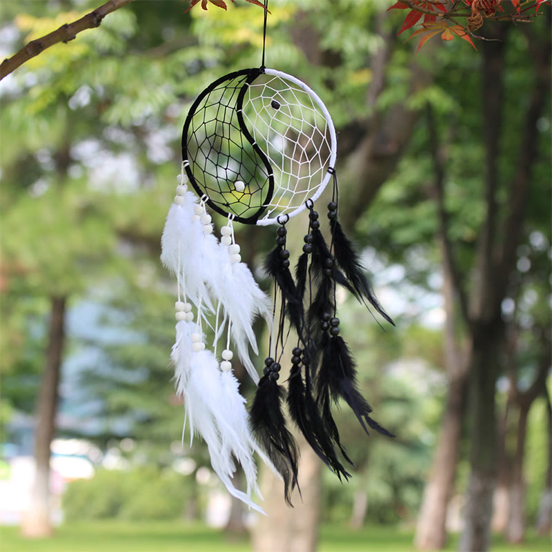 Buddha Stones Yin Yang  Dream Catcher Circular Net with Feathers Balance Decoration