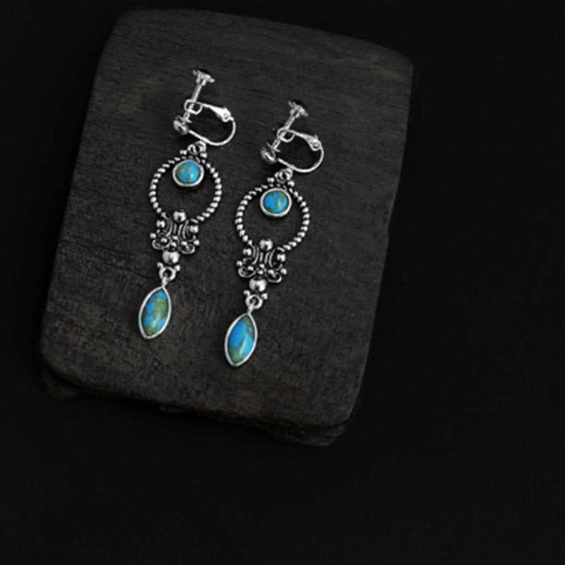 Buddha Stones 925 Sterling Silver Vintage Turquoise Waterdrop Pattern Balance Drop Dangle Earrings