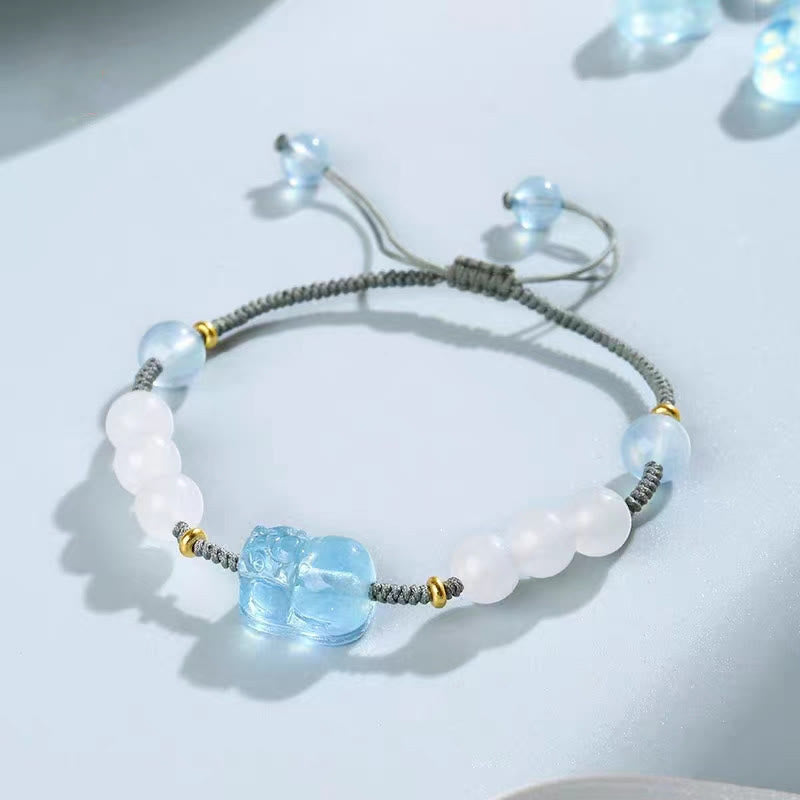 Buddha Stones Natural Aquamarine PiXiu Hetian White Jade Healing Bracelet