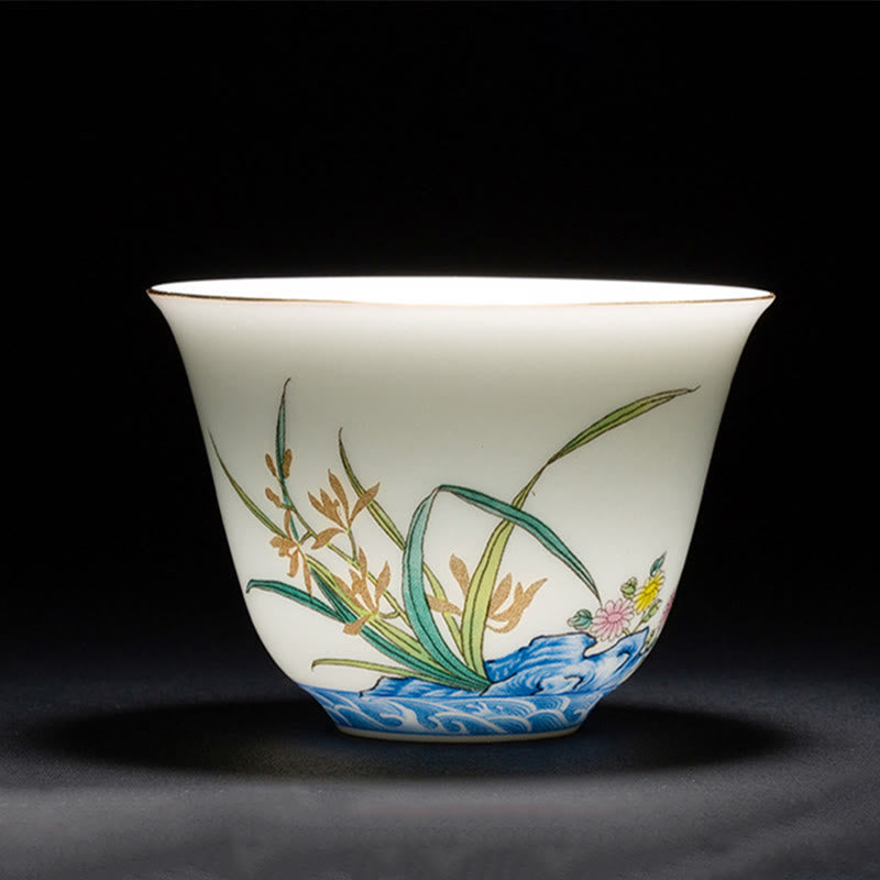 Buddha Stones Colorful Flowers Orchid Sea Waves Blue and White Porcelain Ceramic Teacup Kung Fu Tea Cup