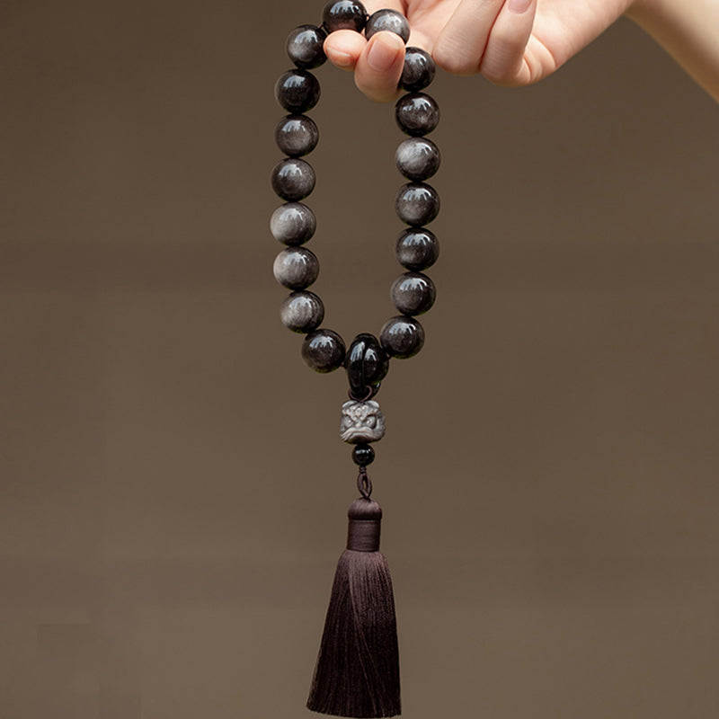 Buddha Stones Natural Silver Sheen Obsidian Black Obsidian Lion Wrist Mala Protection Tassels Pocket Mala Car Decoration