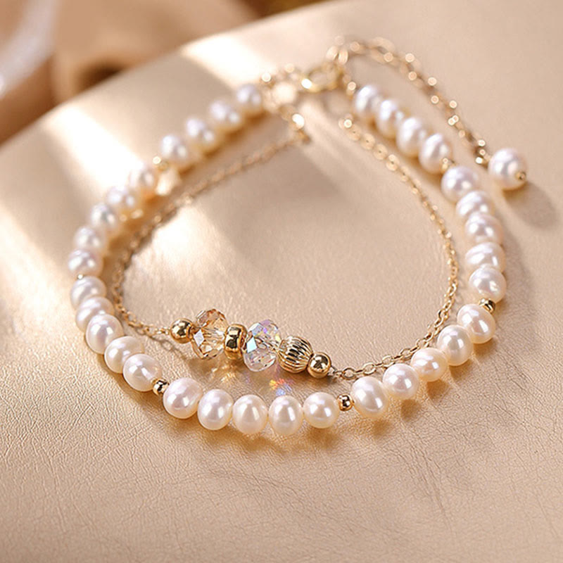 Buddha Stones 925 Sterling Silver Plated 14k Gold Natural Pearl Crystal Healing Double Layer Bracelet