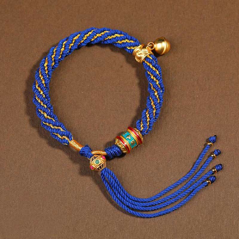 Buddha Stones Tibetan Handmade Luck Protection Thangka Prayer Wheel Bell Charm Braid String Bracelet