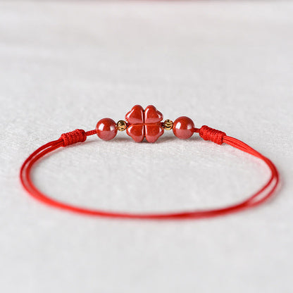 Buddha Stones Four Leaf Clover Cinnabar Blessing Calm String Bracelet Anklet