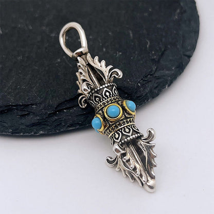 Buddha Stones Tibet Vajra Dorje Pattern Copper Luck Wealth Metal Necklace Pendant
