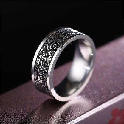 Buddha Stones Vintage Wave Auspicious Clouds Engraved Pattern Titanium Steel Balance Ring