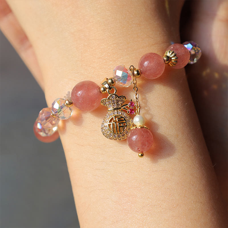 Buddha Stones "Wishing Love and Sweet Blessings"Strawberry Quartz Bracelet Includes Gift Message Card