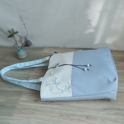 Buddha Stones Pear Flower Plum Peach Blossom Bamboo Embroidery Canvas Large Capacity Shoulder Bag Tote Bag