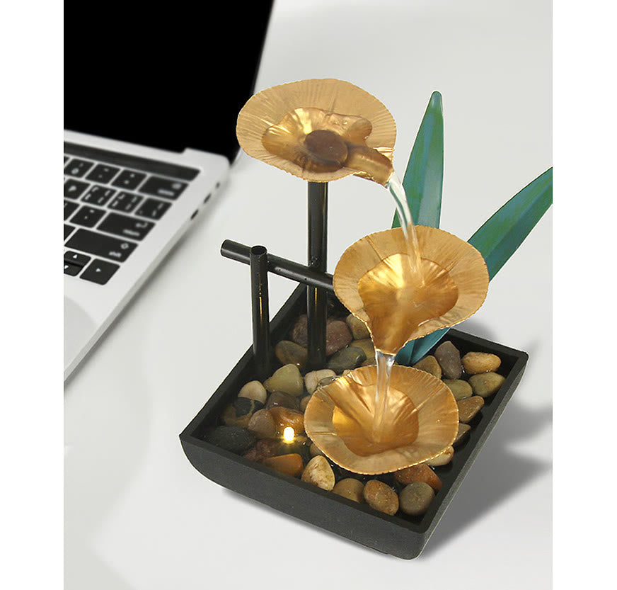 Buddha Stones Three Layers Waterfall Fountain Tabletop Lotus Ornaments With River Rocks Desktop Decoration
