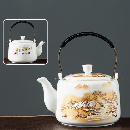 Buddha Stones Vintage Dragon Mountain Fisherman Landscape White Porcelain Ceramic Kung Fu Teapot