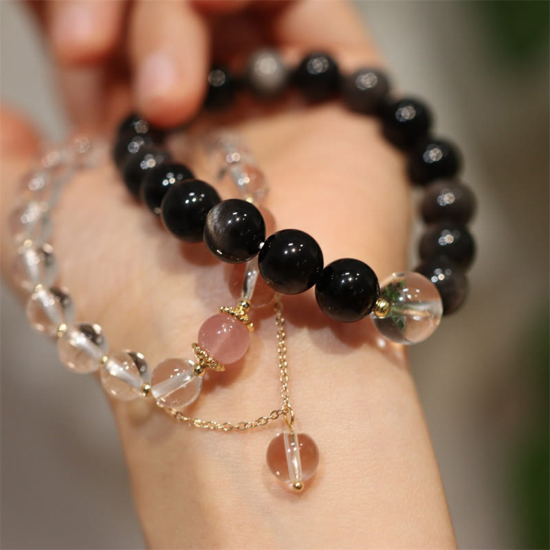 Buddha Stones Natural Silver Sheen Obsidian Pink Crystal White Crystal Protection Yin Yang Color Couple Bracelet
