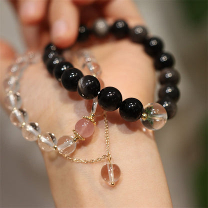 Buddha Stones Natural Silver Sheen Obsidian Pink Crystal White Crystal Protection Yin Yang Color Couple Bracelet
