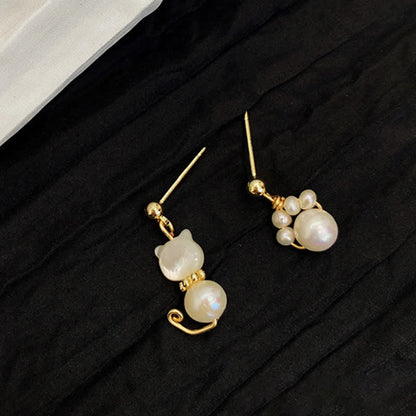 Buddha Stones Cute Cat Paw Pearl Wisdom Stud Drop Earrings