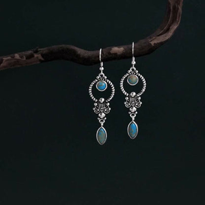 Buddha Stones 925 Sterling Silver Vintage Turquoise Waterdrop Pattern Balance Drop Dangle Earrings