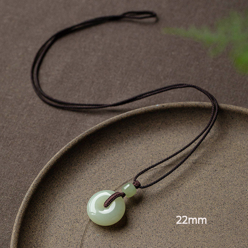 Buddha Stones Natural Round Jade Peace Buckle Luck Prosperity Necklace Pendant