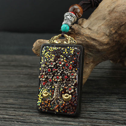 Buddha Stones Tibet God Of Wealth Money Tree Golden Phoenix Thangka Ebony Peace Necklace Pendant