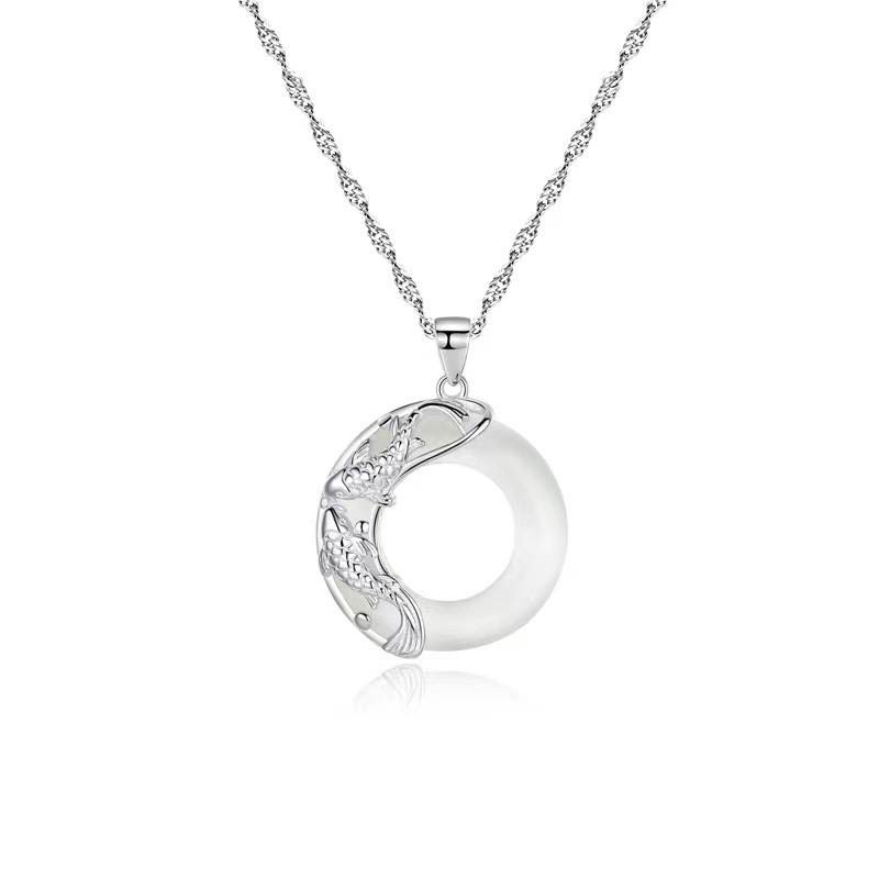Buddha Stones "Wishing Luck and Prosperity" White Jade Koi Fish Necklace Includes Gift Message Card