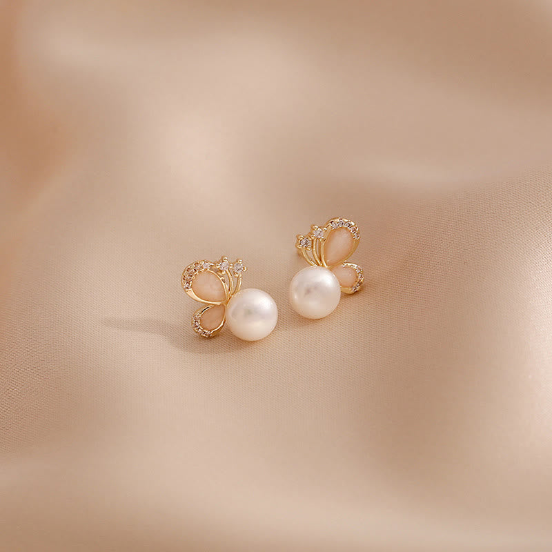 Buddha Stones 18k Gold Plated Pearl Butterfly Love Freedom Stud Earrings